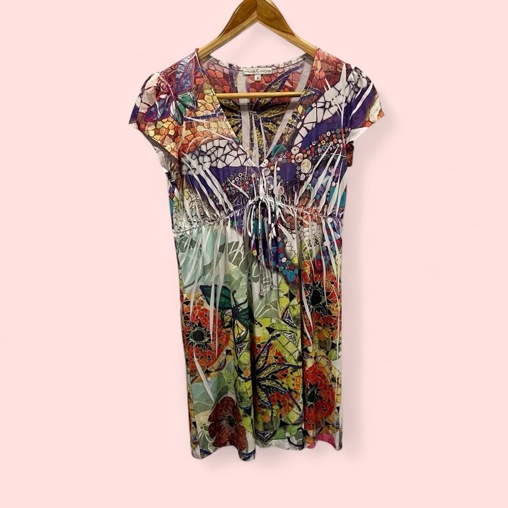 Moa Moa Y2K style babydoll cap sleeve festival dress stretchy kaleidoscope